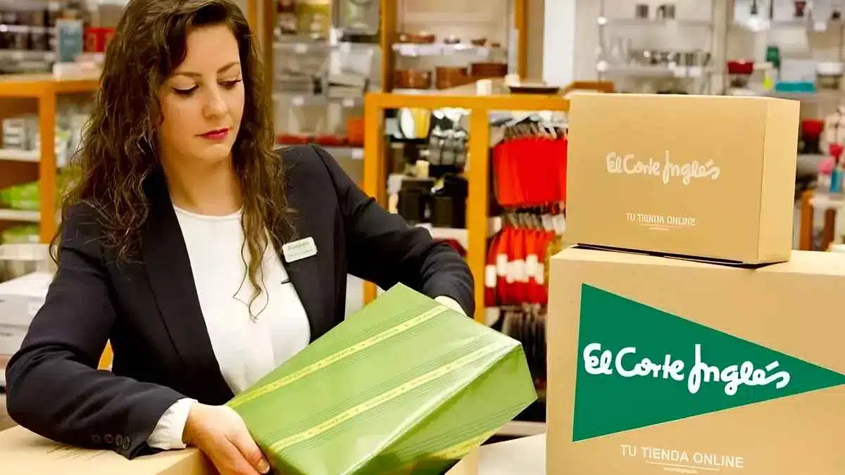 Trabajadora de El corte inglés envolviendo regalos