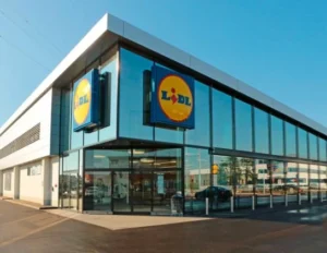 Entrance to a Lidl store with a logo on top
